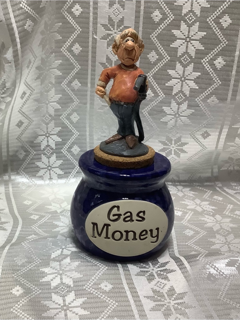 Vintage Ceramic "Gas Money" Coin Jar Novelty Bank with Cork Character Topper